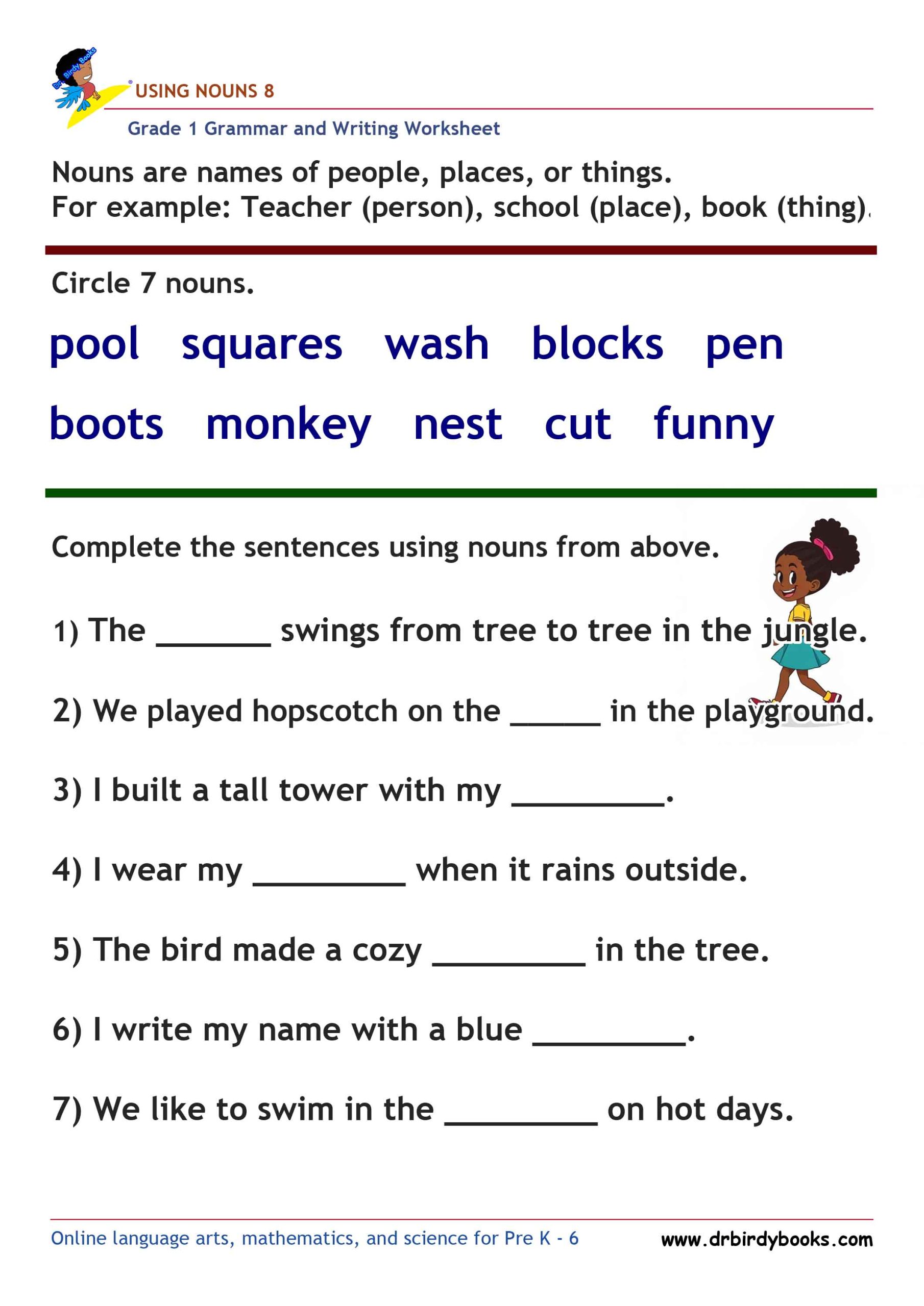 Grade 1 Grammar and Writing Using Nouns Worksheet showing words to circle and sentences to complete.