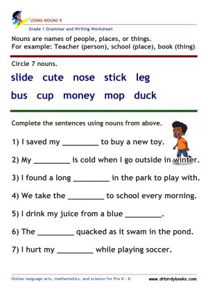 Grade 1 Grammar and Writing Using Nouns Worksheet showing words to circle and sentences to complete.