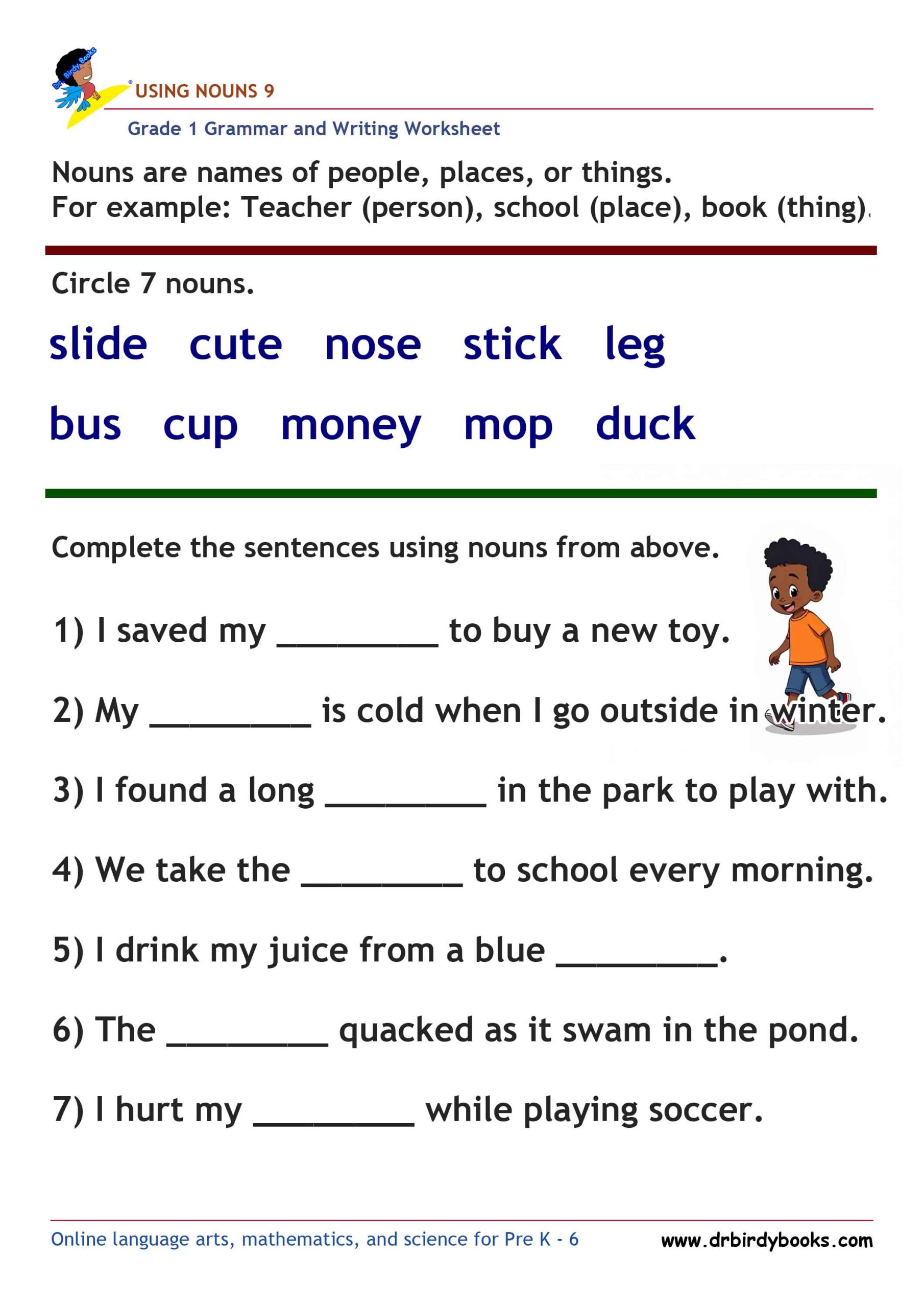 Grade 1 Grammar and Writing Using Nouns Worksheet showing words to circle and sentences to complete.