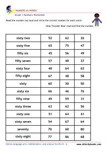 Grade 1 Math Numbers as Words Worksheet showing examples of numbers written as words.
