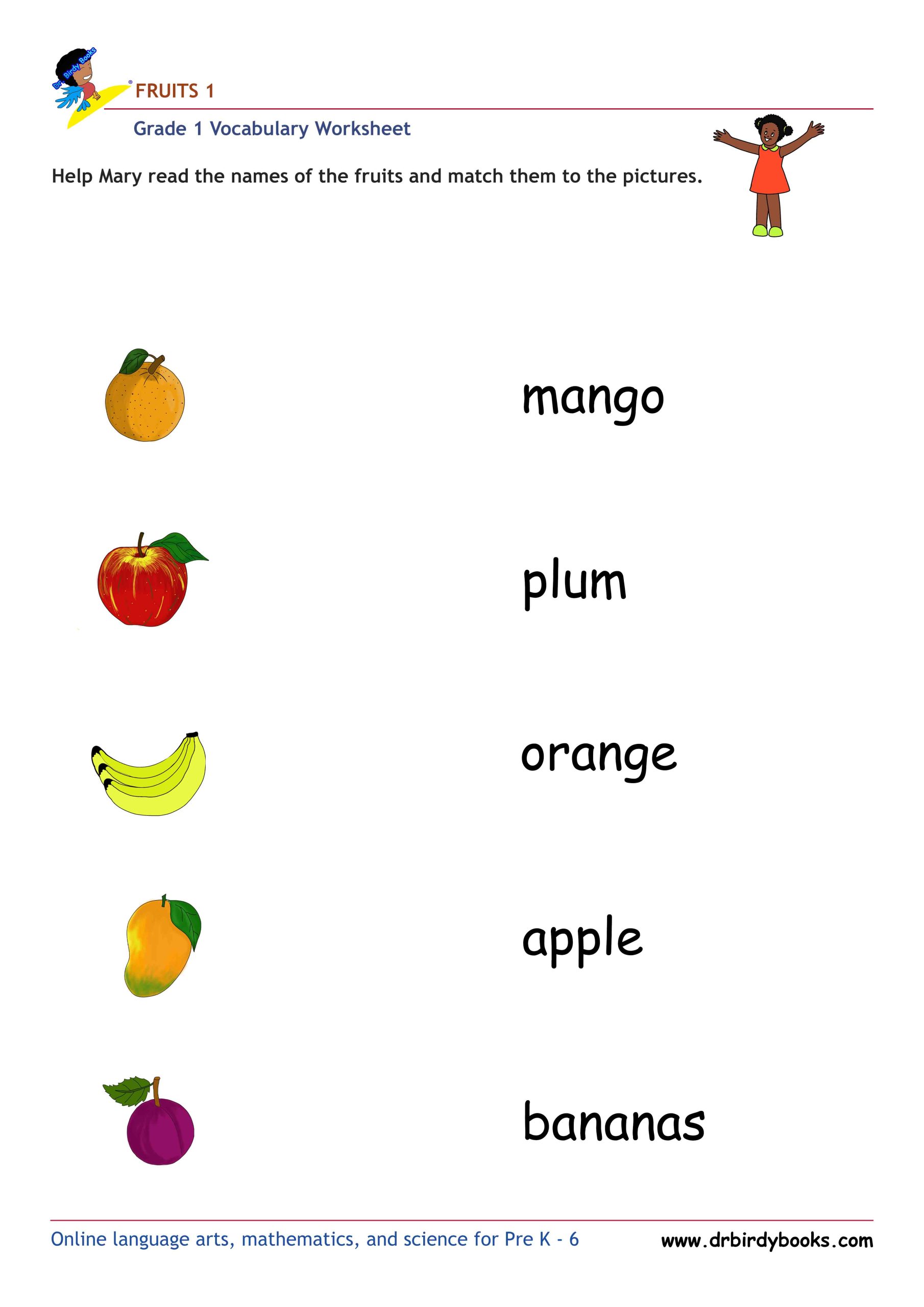 Grade 1 vocabulary worksheet featuring activities for matching pictures of fruits to their names.