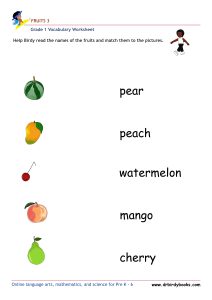 Grade 1 vocabulary worksheet featuring activities for matching pictures of fruits to their names.