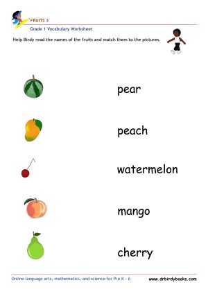 Grade 1 vocabulary worksheet featuring activities for matching pictures of fruits to their names.