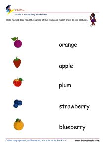 Grade 1 vocabulary worksheet featuring activities for matching pictures of fruits to their names.
