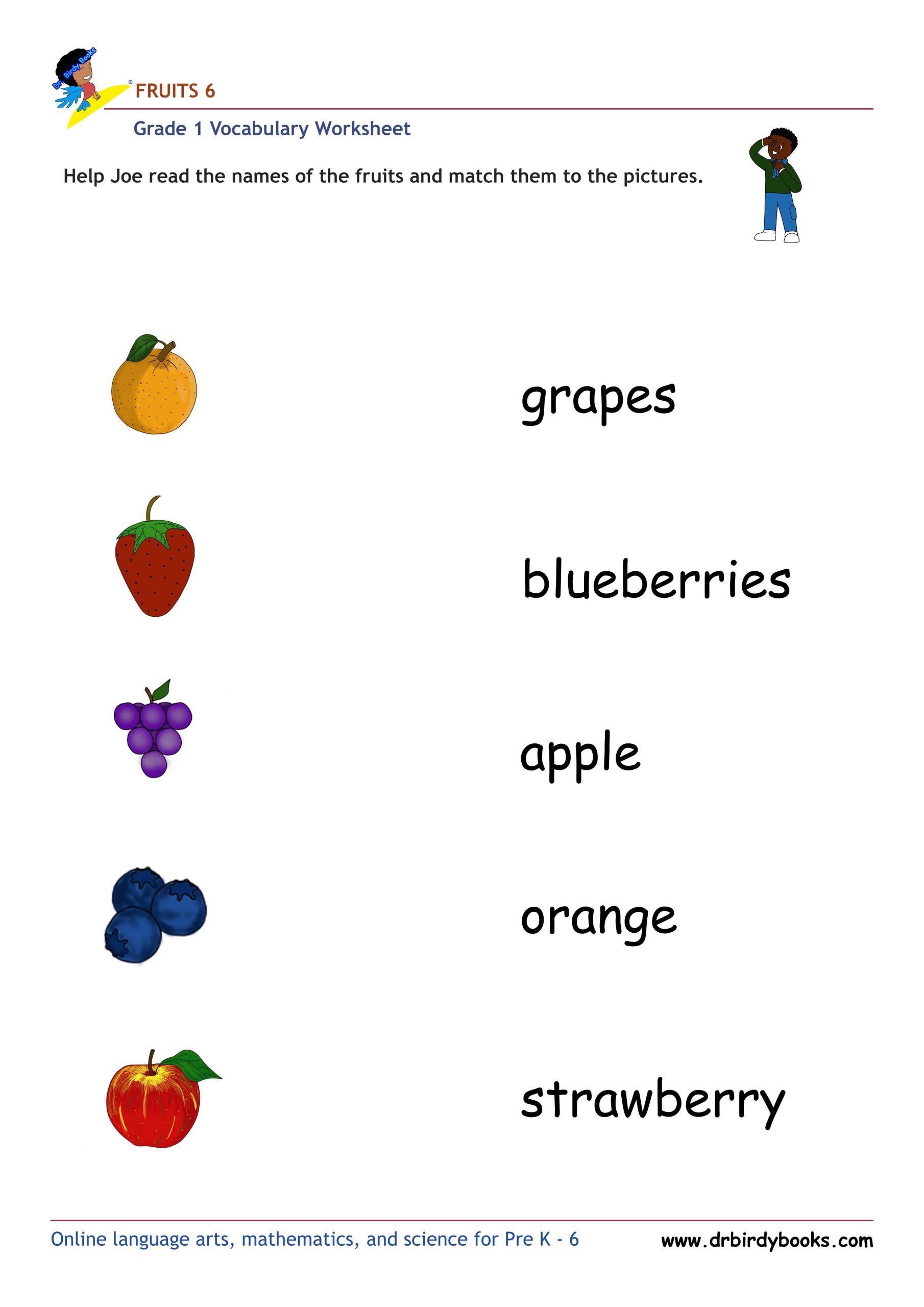Grade 1 vocabulary worksheet featuring activities for matching pictures of fruits to their names.