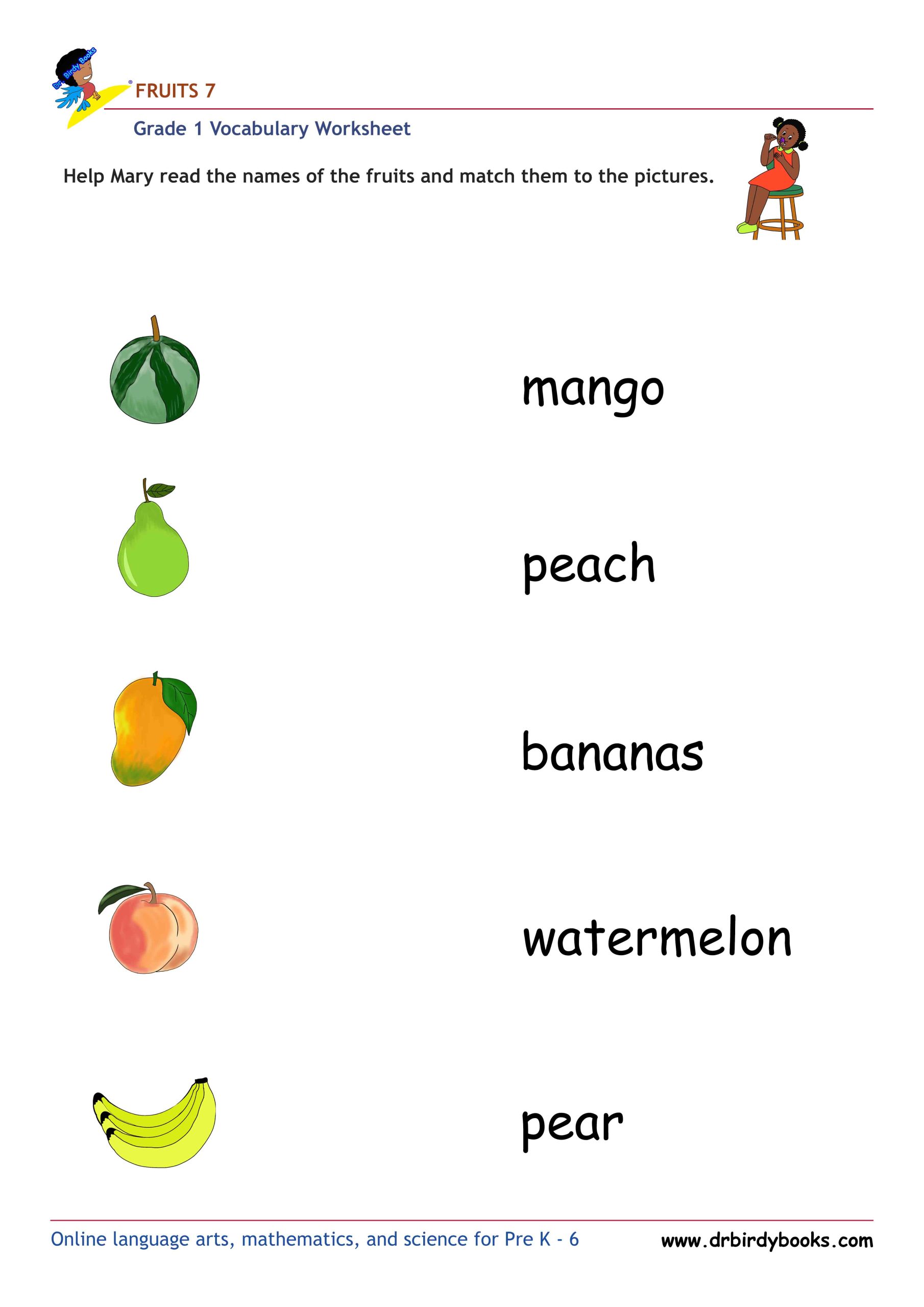 Grade 1 vocabulary worksheet featuring activities for matching pictures of fruits to their names.