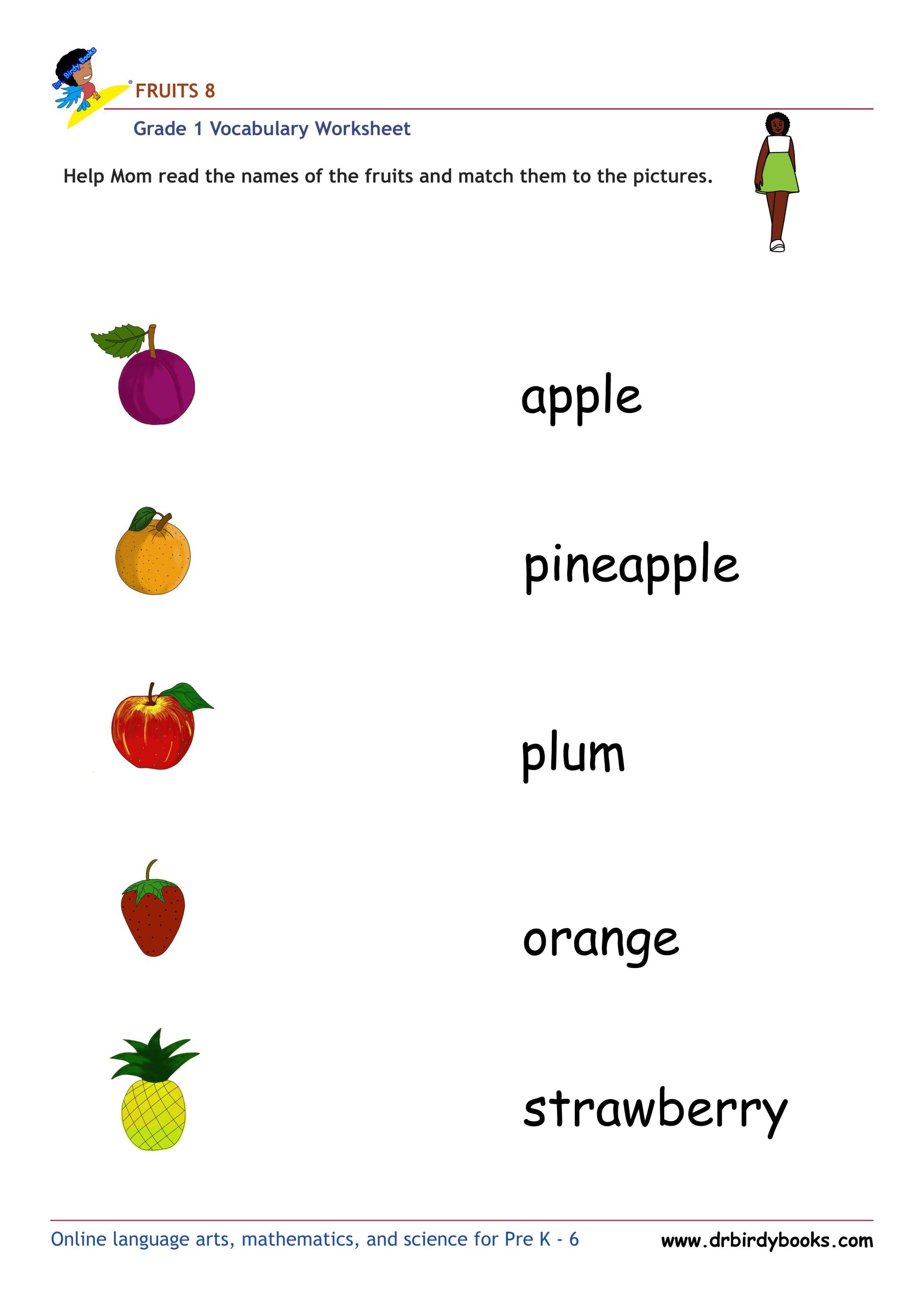 Grade 1 vocabulary worksheet featuring activities for matching pictures of fruits to their names.