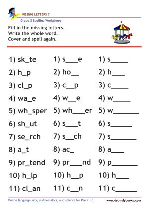 Grade 2 spelling worksheet focusing on filling in missing letters to complete words, designed for young learners.