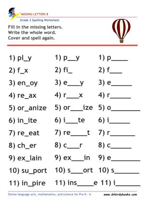 Grade 2 spelling worksheet focusing on filling in missing letters to complete words, designed for young learners.