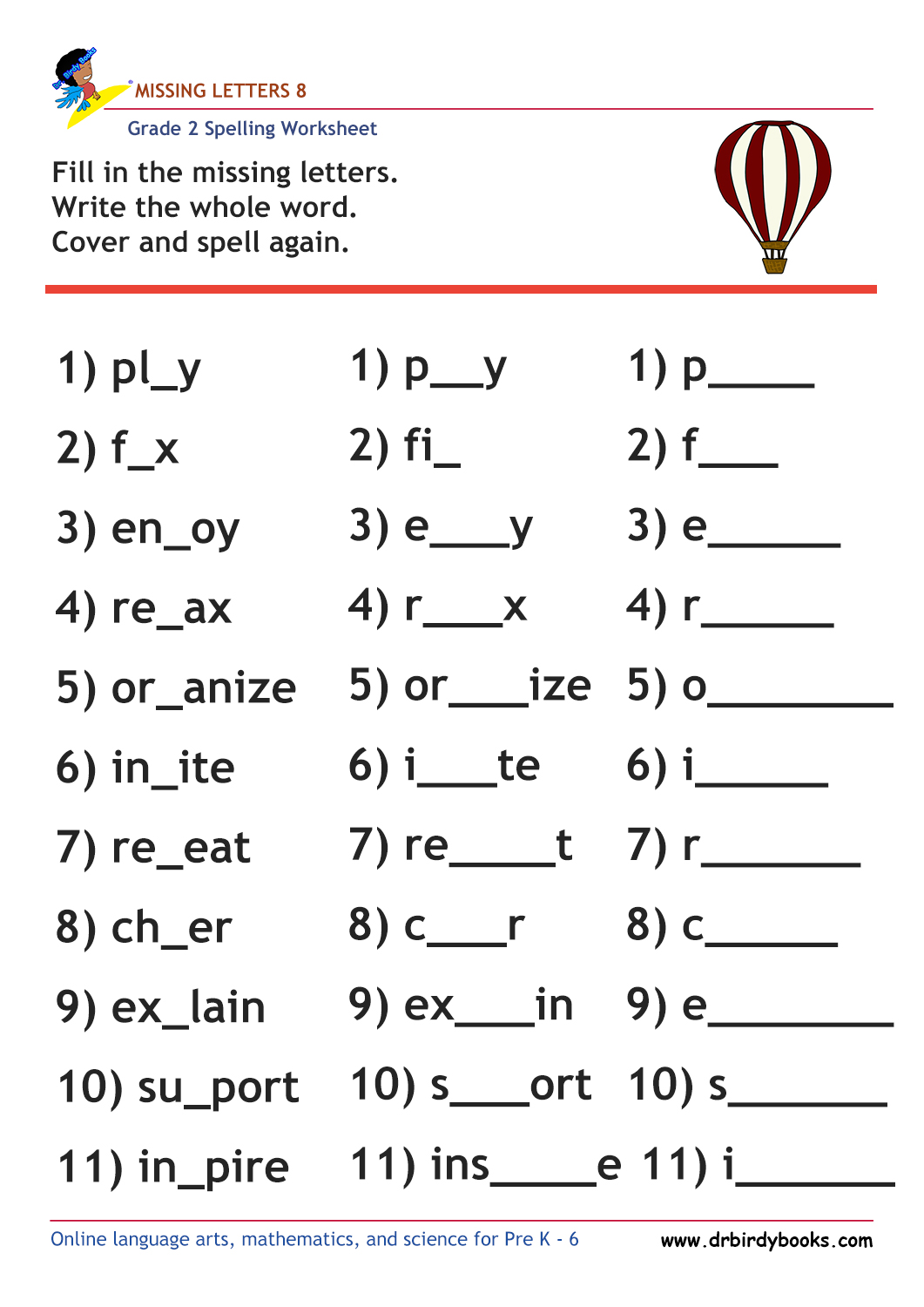 Grade 2 spelling worksheet focusing on filling in missing letters to complete words, designed for young learners.