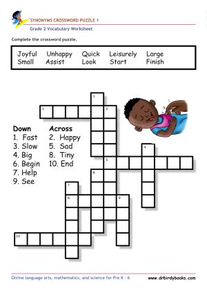 Grade 2 vocabulary worksheet featuring a crossword puzzle for practicing synonyms, designed for young learners.