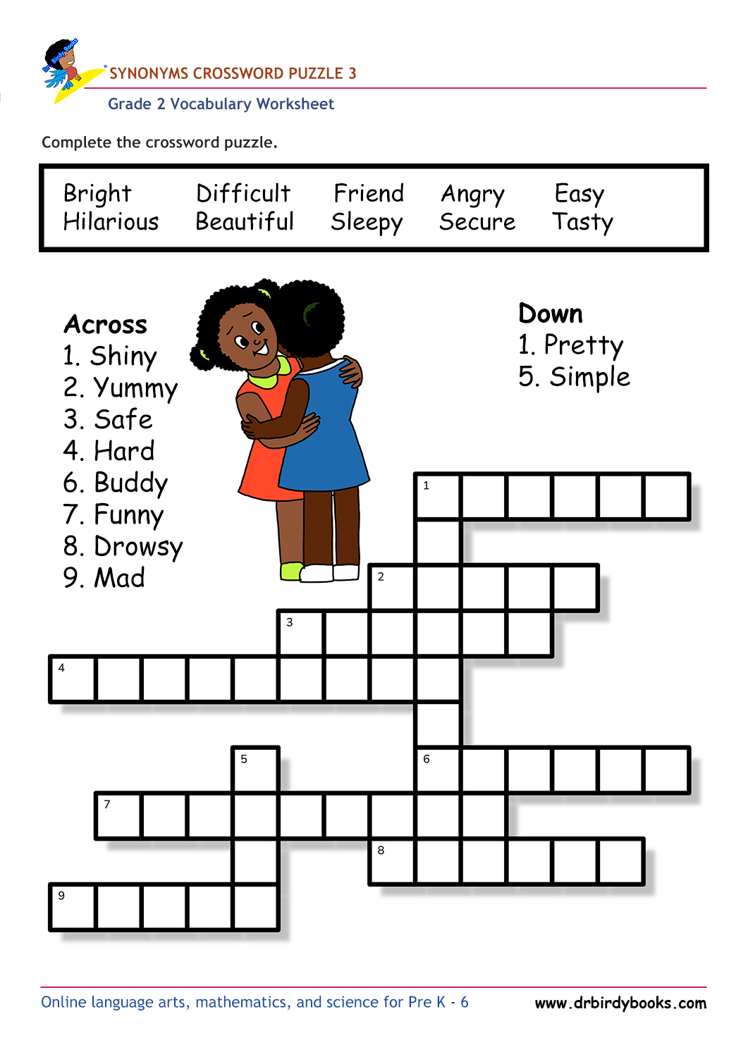 Grade 2 vocabulary worksheet featuring a crossword puzzle for practicing synonyms, designed for young learners.