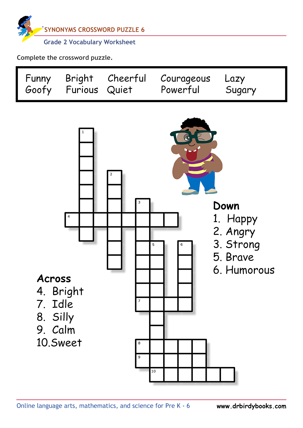 Grade 2 vocabulary worksheet featuring a crossword puzzle for practicing synonyms, designed for young learners.