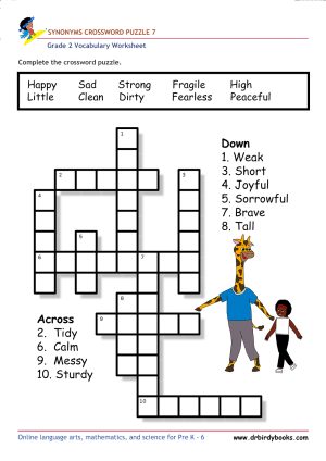 Grade 2 vocabulary worksheet featuring a crossword puzzle for practicing synonyms, designed for young learners.