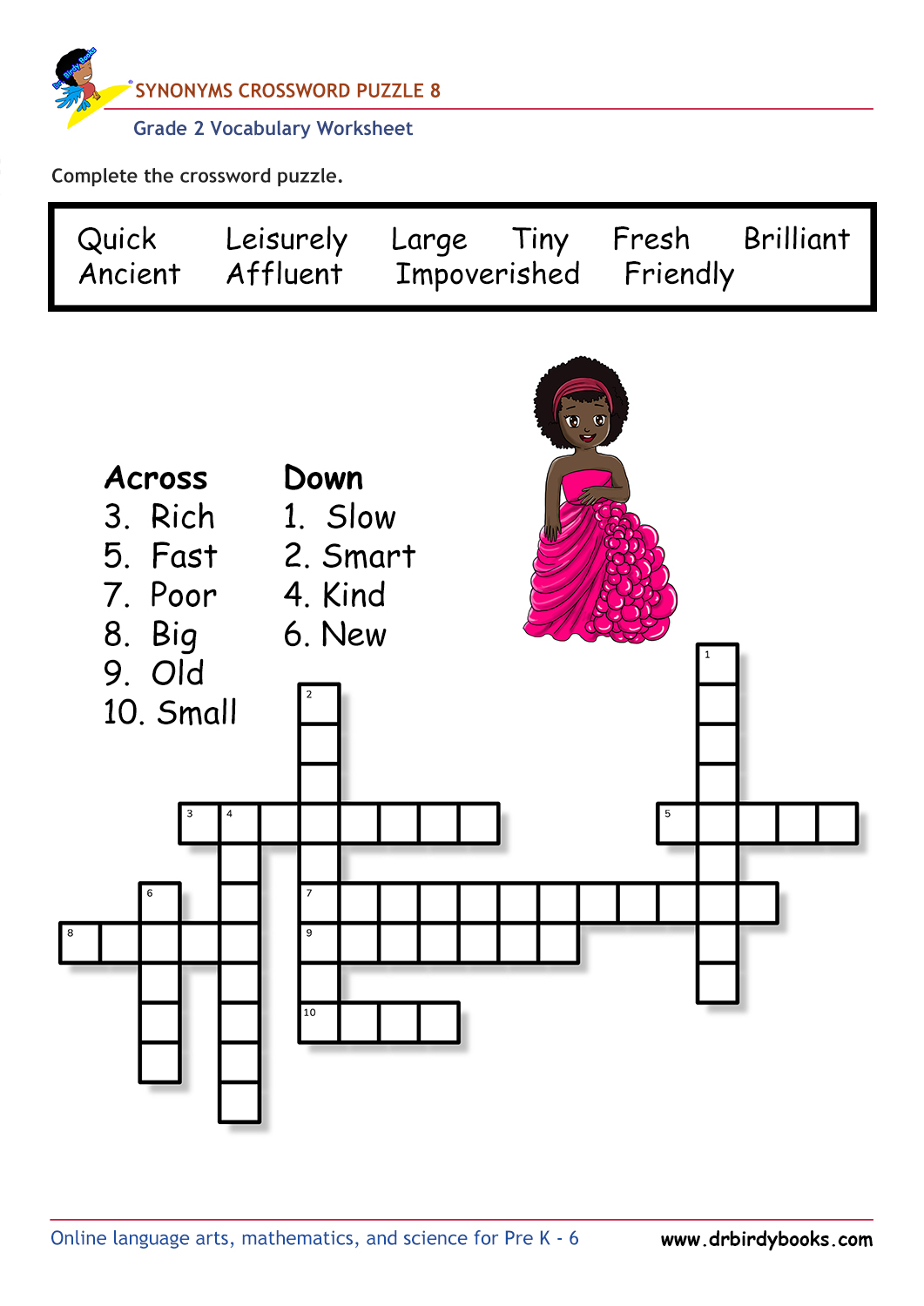 Grade 2 vocabulary worksheet featuring a crossword puzzle for practicing synonyms, designed for young learners.