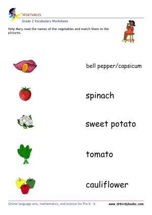 Grade 2 vocabulary worksheet featuring activities for matching pictures of vegetables to their names.