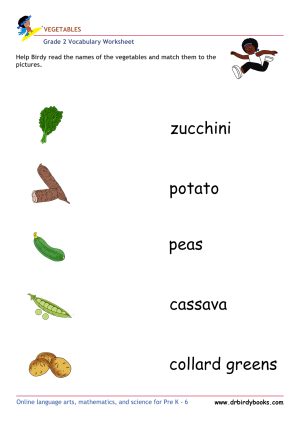 Grade 2 vocabulary worksheet featuring activities for matching pictures of vegetables to their names.