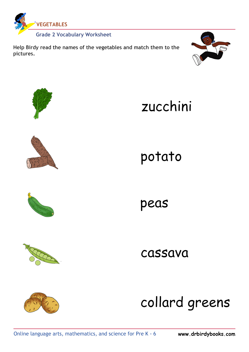 Grade 2 vocabulary worksheet featuring activities for matching pictures of vegetables to their names.