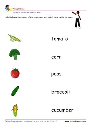 Grade 2 vocabulary worksheet featuring activities for matching pictures of vegetables to their names.