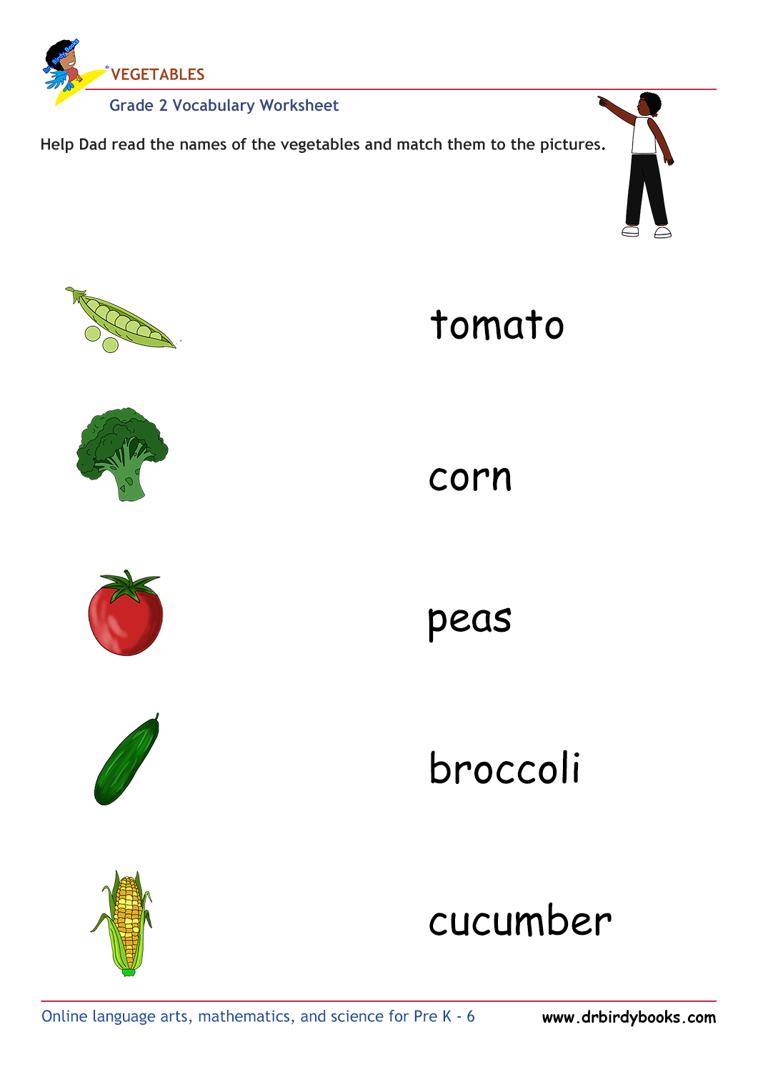 Grade 2 vocabulary worksheet featuring activities for matching pictures of vegetables to their names.