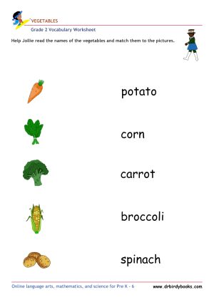 Grade 2 vocabulary worksheet featuring activities for matching pictures of vegetables to their names.