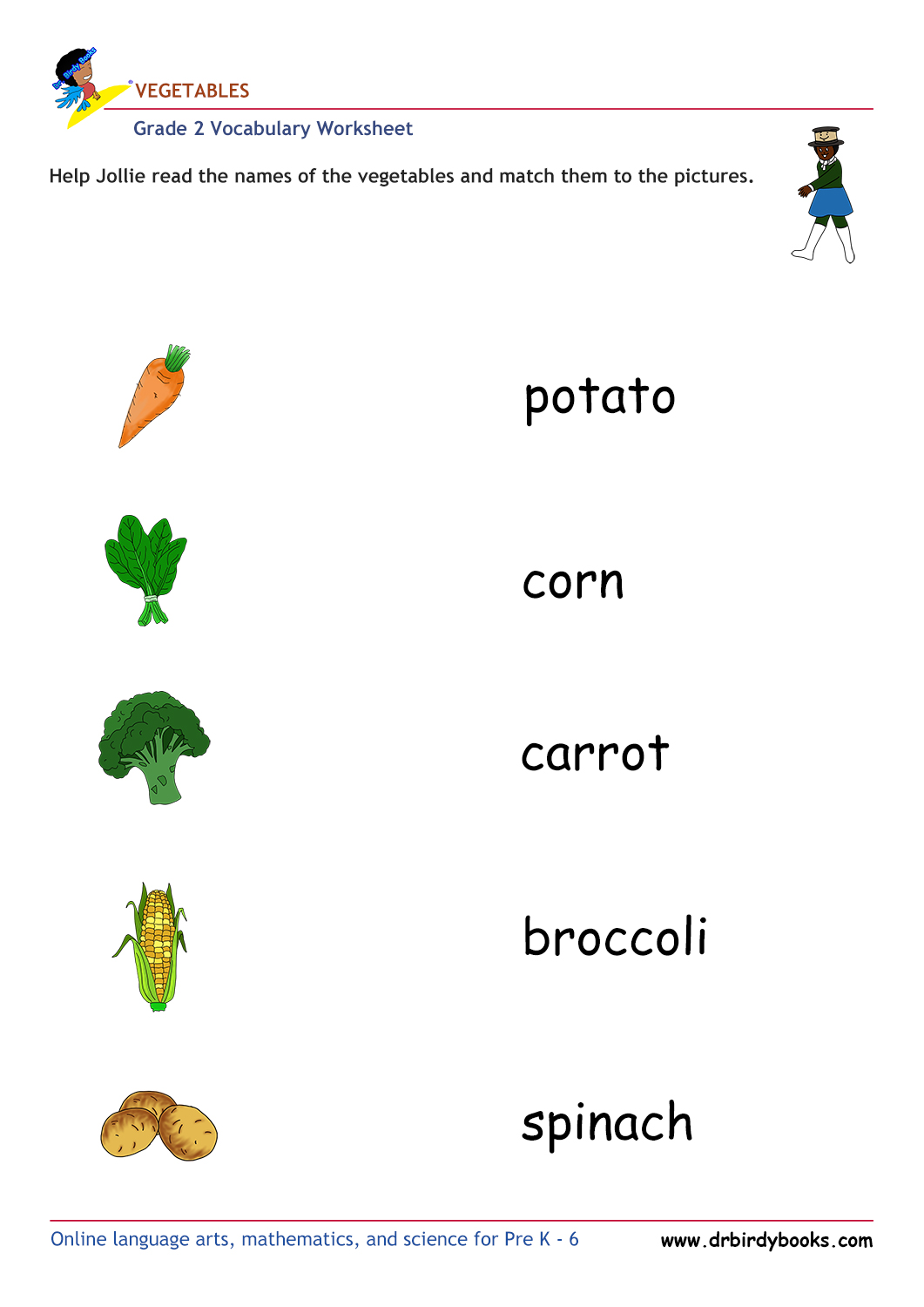 Grade 2 vocabulary worksheet featuring activities for matching pictures of vegetables to their names.