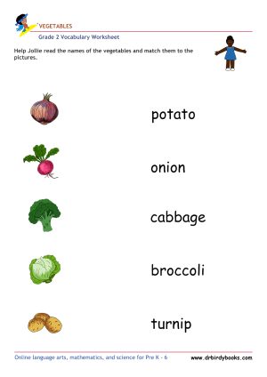 Grade 2 vocabulary worksheet featuring activities for matching pictures of vegetables to their names.