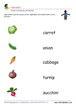 Grade 2 vocabulary worksheet featuring activities for matching pictures of vegetables to their names.