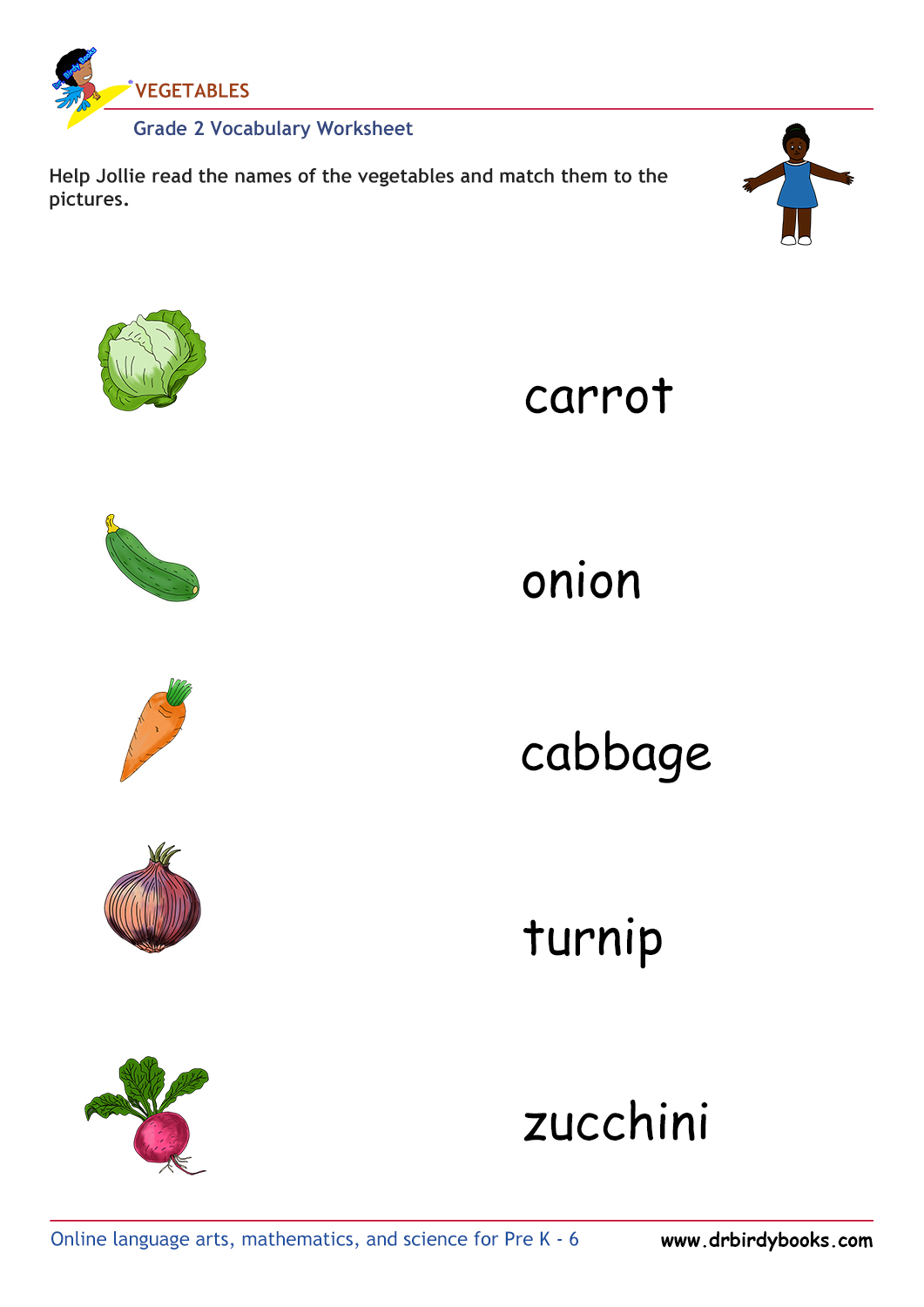Grade 2 vocabulary worksheet featuring activities for matching pictures of vegetables to their names.