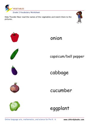 Grade 2 vocabulary worksheet featuring activities for matching pictures of vegetables to their names.