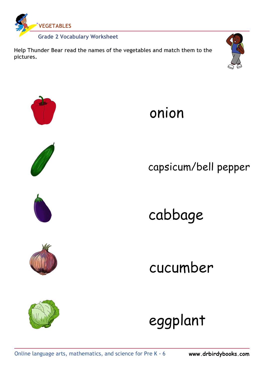 Grade 2 vocabulary worksheet featuring activities for matching pictures of vegetables to their names.