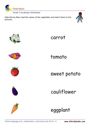 Grade 2 vocabulary worksheet featuring activities for matching pictures of vegetables to their names.
