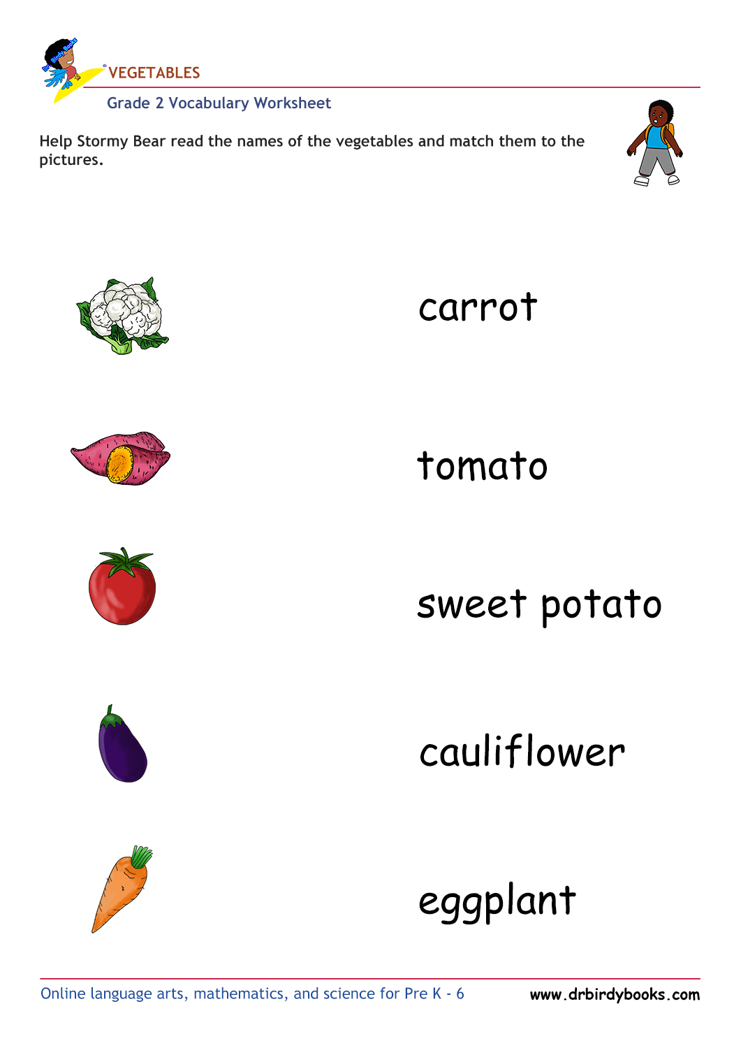 Grade 2 vocabulary worksheet featuring activities for matching pictures of vegetables to their names.