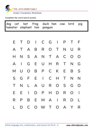 Grade 2 vocabulary worksheet featuring a word search activity with various themes, designed for young learners.
