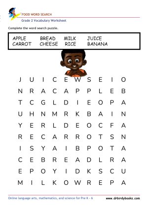 Grade 2 vocabulary worksheet featuring a word search activity with various themes, designed for young learners.
