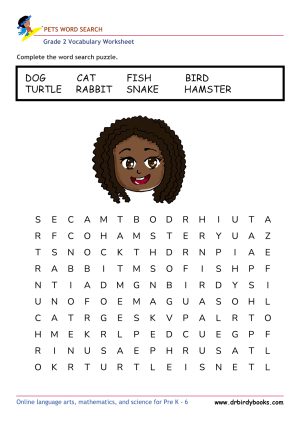 Grade 2 vocabulary worksheet featuring a word search activity with various themes, designed for young learners.
