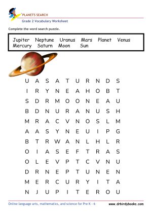Grade 2 vocabulary worksheet featuring a word search activity with various themes, designed for young learners.