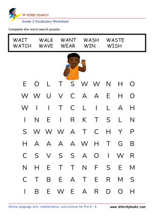 Grade 2 vocabulary worksheet featuring a word search activity with various themes, designed for young learners.