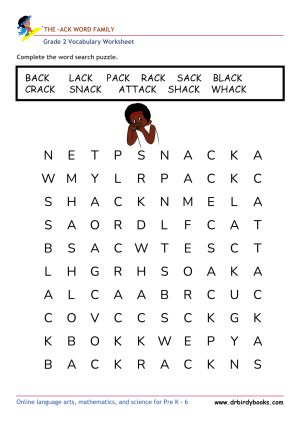 Grade 2 vocabulary worksheet featuring a word search activity with various themes, designed for young learners.