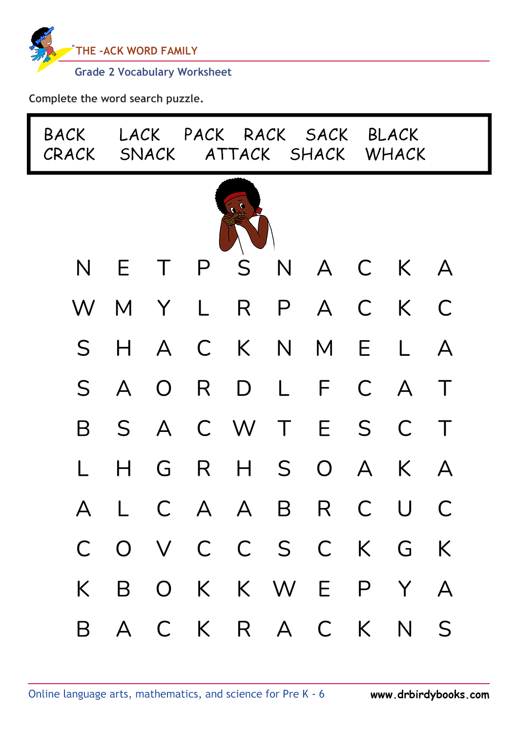 Grade 2 vocabulary worksheet featuring a word search activity with various themes, designed for young learners.