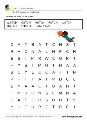 Grade 2 vocabulary worksheet featuring a word search activity with various themes, designed for young learners.