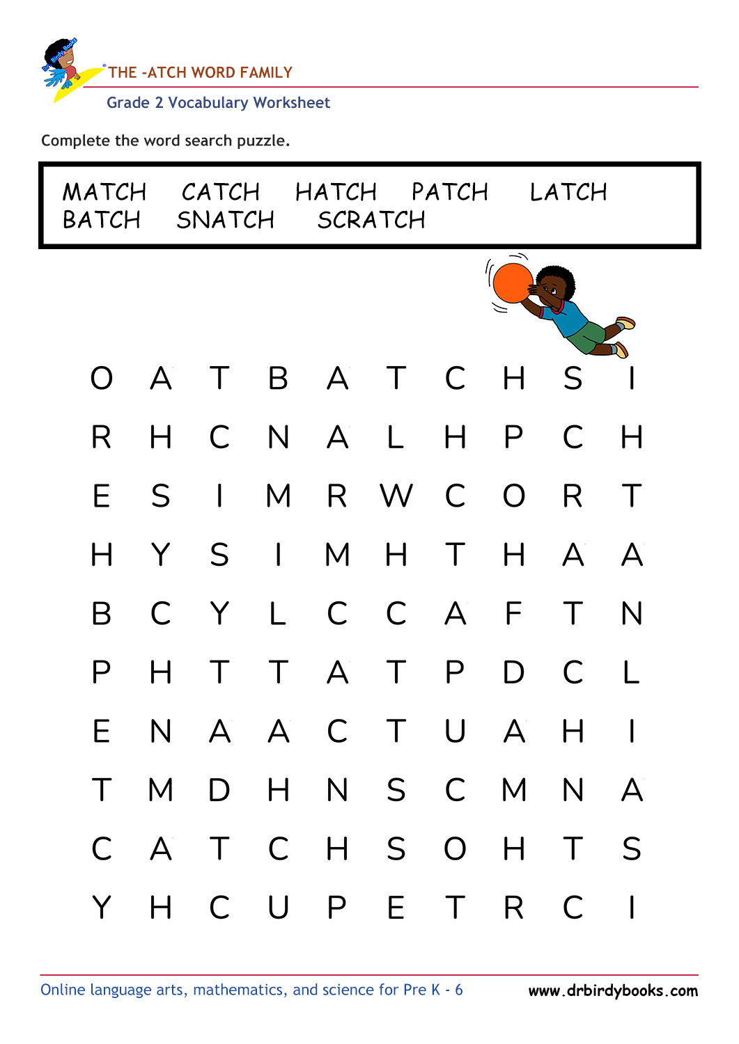 Grade 2 vocabulary worksheet featuring a word search activity with various themes, designed for young learners.