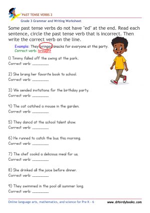 Grade 3 grammar worksheet focusing on past tense verbs, where students correct incorrect verb forms to enhance their language skills.