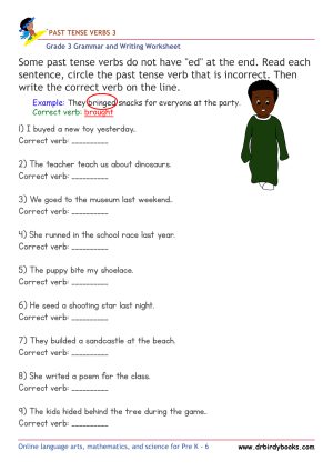 Grade 3 grammar worksheet focusing on past tense verbs, where students correct incorrect verb forms to enhance their language skills.