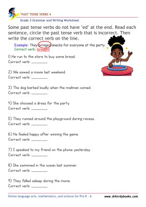 Grade 3 grammar worksheet focusing on past tense verbs, where students correct incorrect verb forms to enhance their language skills.
