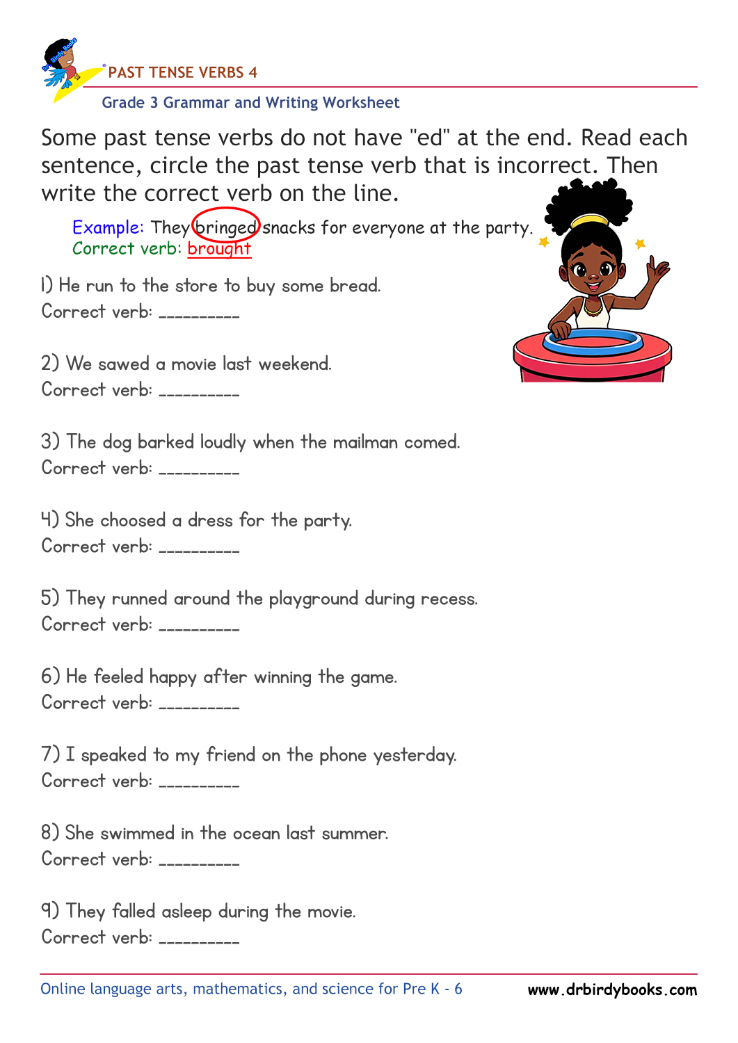 Grade 3 grammar worksheet focusing on past tense verbs, where students correct incorrect verb forms to enhance their language skills.