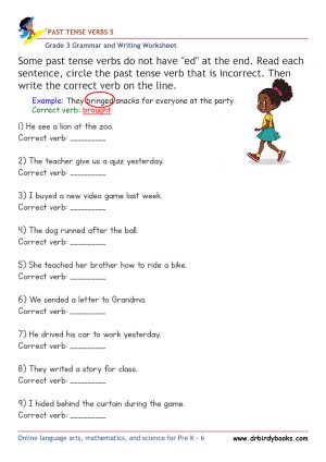 Grade 3 grammar worksheet focusing on past tense verbs, where students correct incorrect verb forms to enhance their language skills.