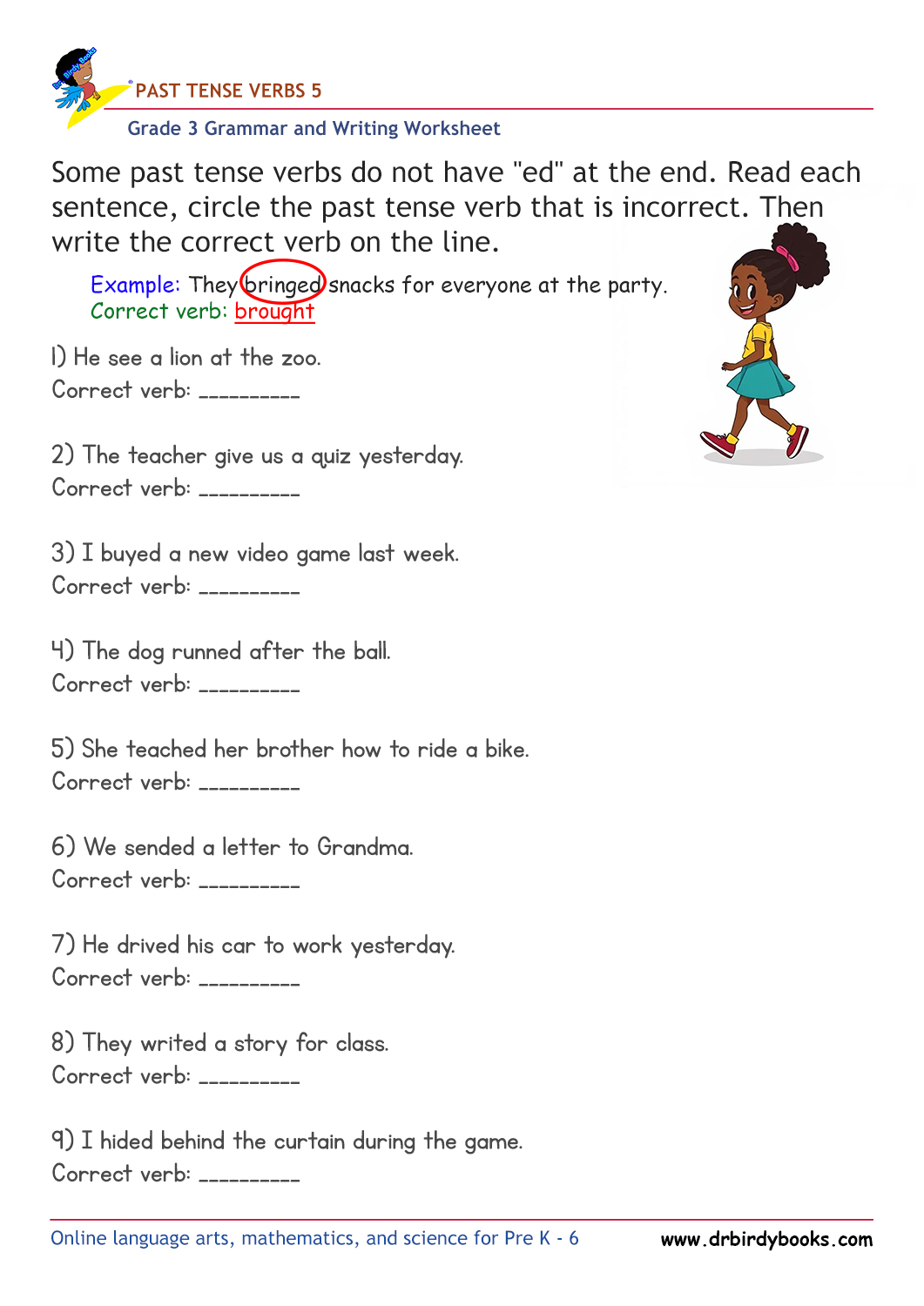 Grade 3 grammar worksheet focusing on past tense verbs, where students correct incorrect verb forms to enhance their language skills.