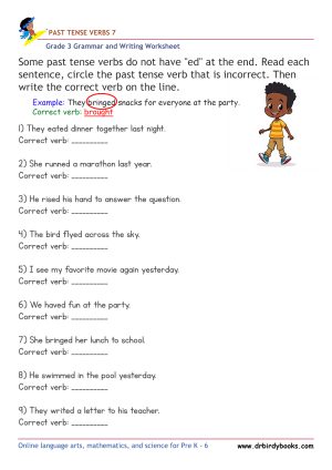 Grade 3 grammar worksheet focusing on past tense verbs, where students correct incorrect verb forms to enhance their language skills.