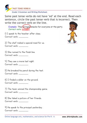 Grade 3 grammar worksheet focusing on past tense verbs, where students correct incorrect verb forms to enhance their language skills.